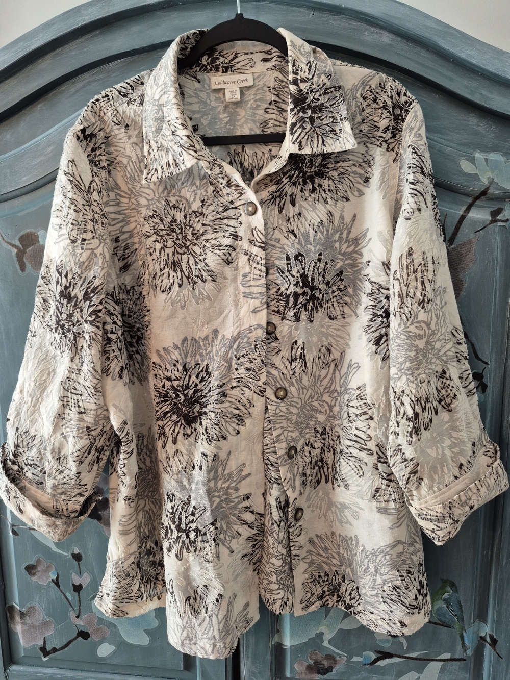 Coldwater Creek Cream Button-Front Floral Print Shirt